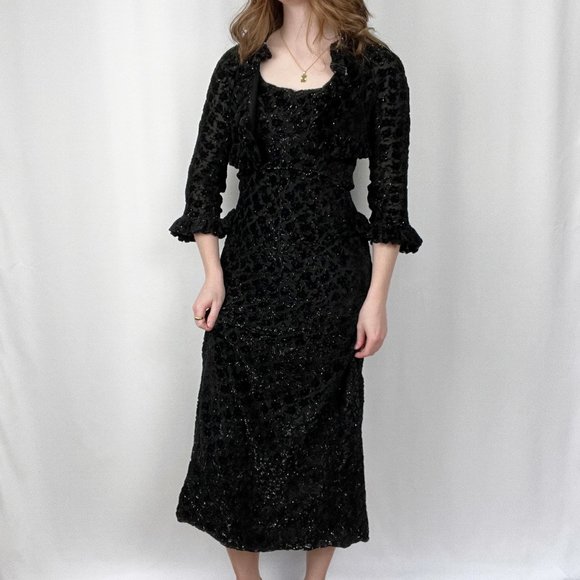 Rare Vintage Jean Muir London Sparkle Glitter Velvet Midi Maxi Dress Blazer Set - Picture 8 of 9